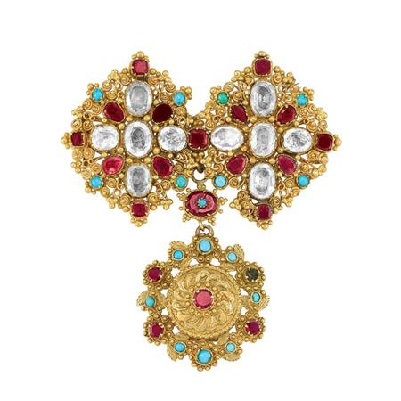 Appraisal: Antique Gold Foiled-Back Garnet Blue Topaz and Turquoise Brooch Estimate