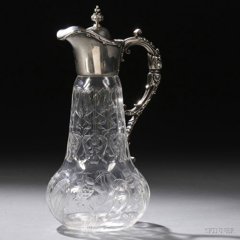 Appraisal: Sterling Silver-mounted Intaglio-cut Colorless Glass Claret Jug Stourbridge England attributed