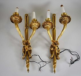 Appraisal: PAIR LOUIS XVI STYLE GILT BRONZE TWO-LIGHT SCONCESProbably Caldwell Early