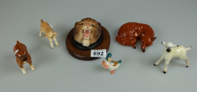 Appraisal: Beswick figures Curled Fox Lion face plaque Kid Lamb Boxer