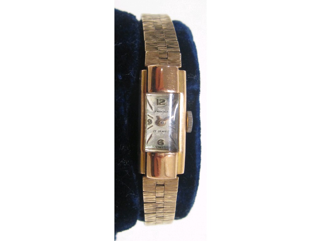 Appraisal: Ladies ct gold rectangular cased wrist watch by Femina with