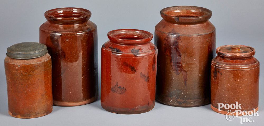 Appraisal: Five redware crocks Five redware crocks th c with manganese