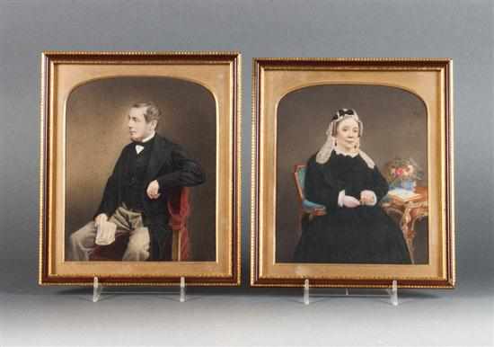 Appraisal: Pair of American Victorian watercolor on paper portraits with paint-heightened