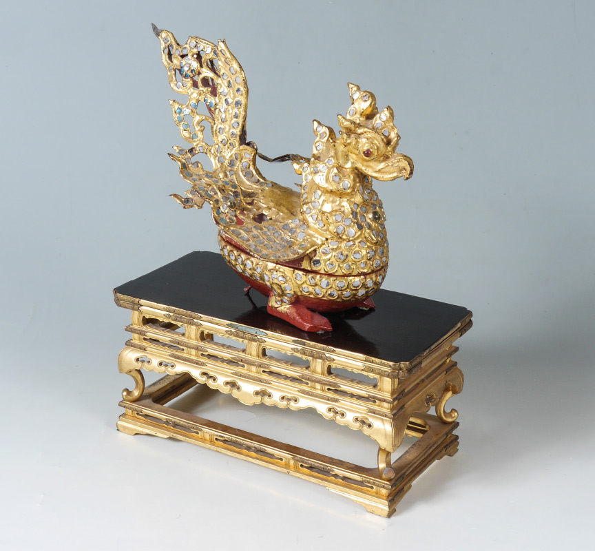 Appraisal: THAI GILT AND MIRROR ENCRUSTED BIRD BOX ON STAND Figural