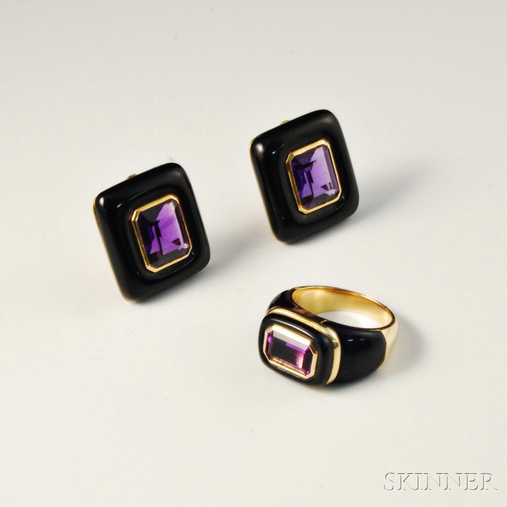 Appraisal: kt Gold Black Enamel and Amethyst Earrings and Ring total