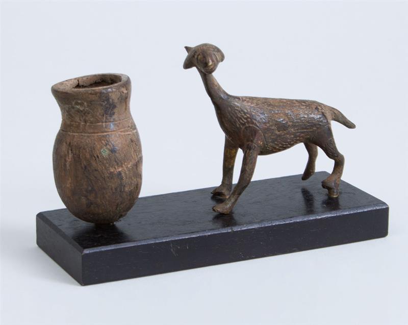 Appraisal: BRONZE GOAT AND WATER JUG Raised on ebonized stand x