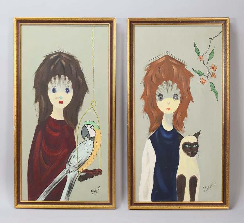 Appraisal: Pair of big eyed girl mid-century oil on canvas portraits