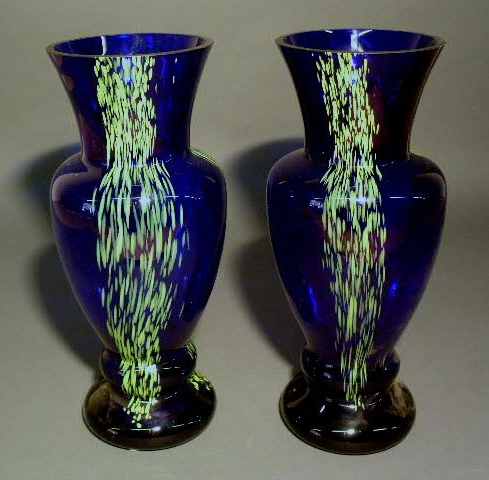 Appraisal: Pair of cobalt glass vases th c with yellow spatter