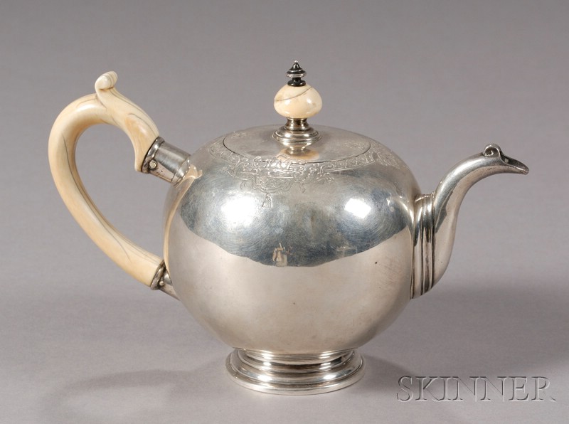 Appraisal: Dutch Silver Teapot c globular body with applied bottom flat