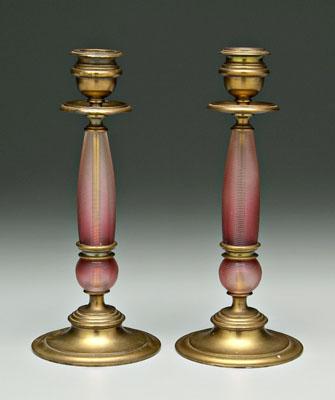 Appraisal: Pair cranberry candlesticks cranberry to clear thread decorated glass posts