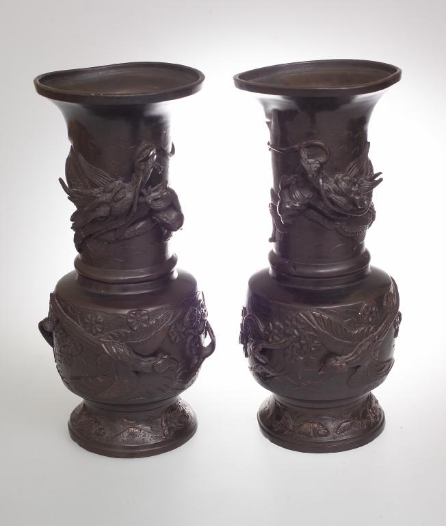 Appraisal: PAIR OF JAPANESE BRONZE VASES Meiji period each cast with