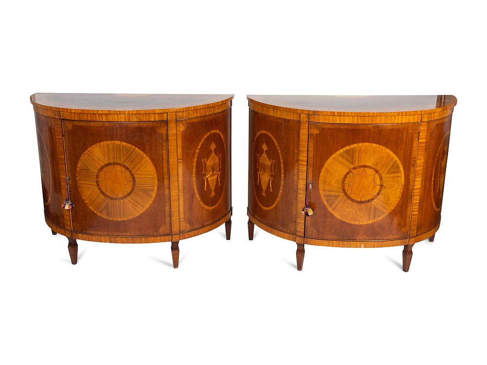 Appraisal: A Pair of George III Style Inlaid Mahogany Demilune Commodes