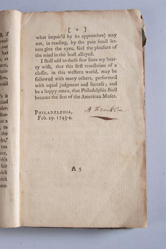 Appraisal: BENJAMIN FRANKLIN SIGNED BOOK CATO MAJOR OR A TREATISE ON