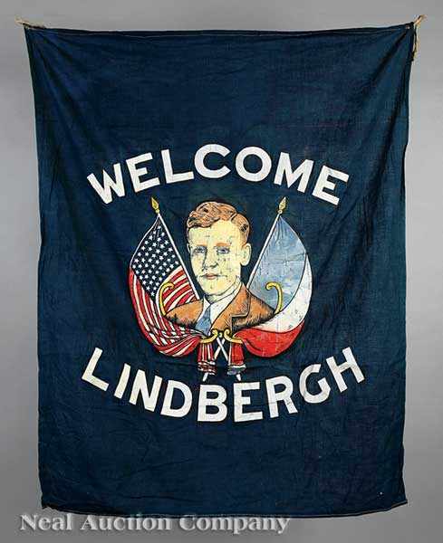 Appraisal: A Charles Lindbergh Welcome Banner c navy muslin silkscreened in