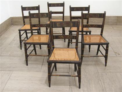 Appraisal: Six painted and stenciled thumb-back cane-seated side chairs circa Each