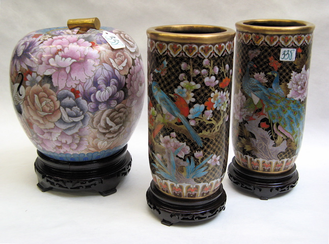 Appraisal: THREE CHINESE CLOISONNE ITEMS covered jar in the shape of