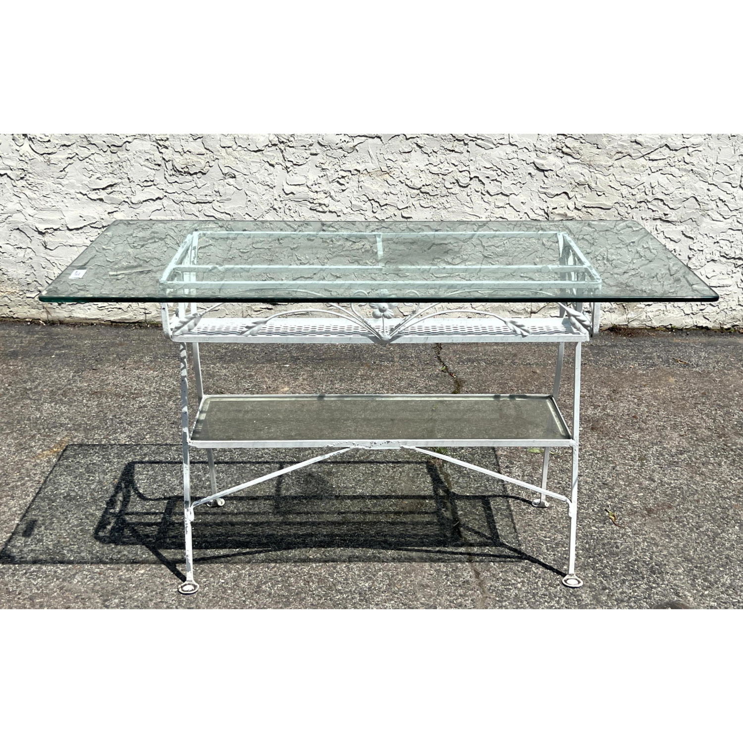 Appraisal: Glass Top Painted White Iron Table Plant Stand Outdoor Patio