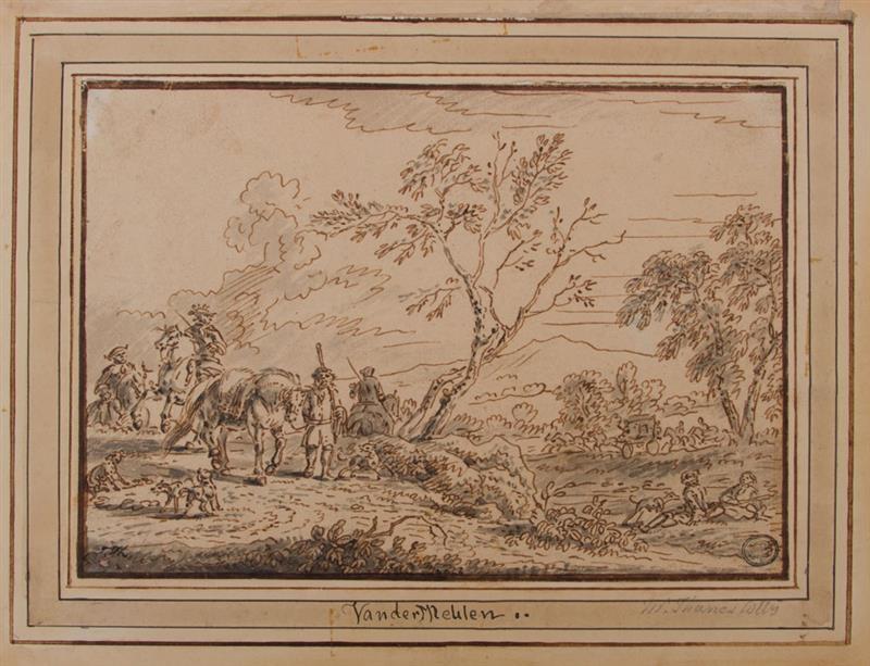 Appraisal: EUROPEAN SCHOOL LANDSCAPE WITH FIGURES Ink and wash on paper