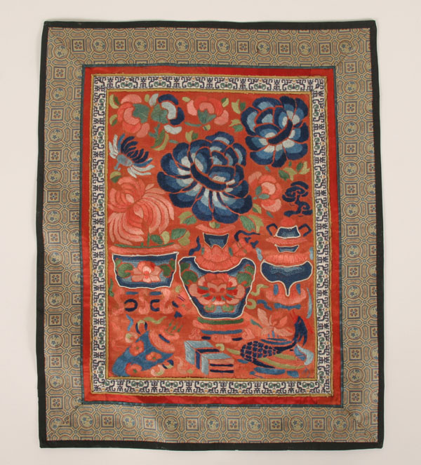 Appraisal: Five Asian hand embroidered panels various techniques and examples of