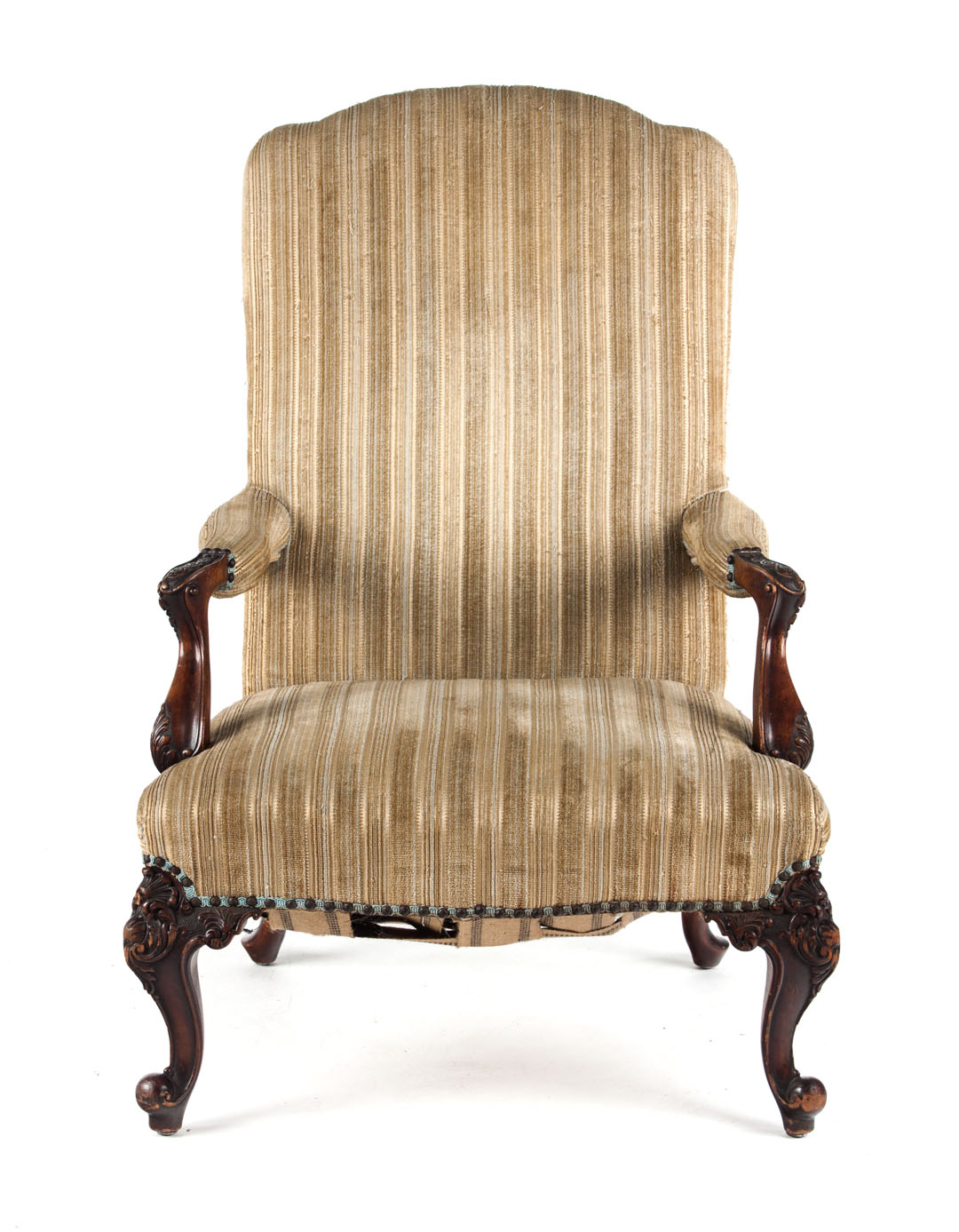 Appraisal: George II style carved walnut upholstered armchair upholstered back arms