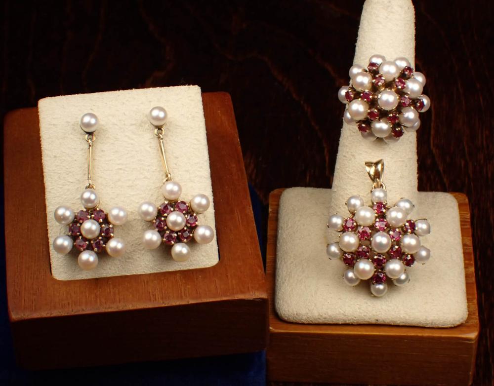 Appraisal: RUBY AND PEARL RING PENDANT AND EARRING SET including a