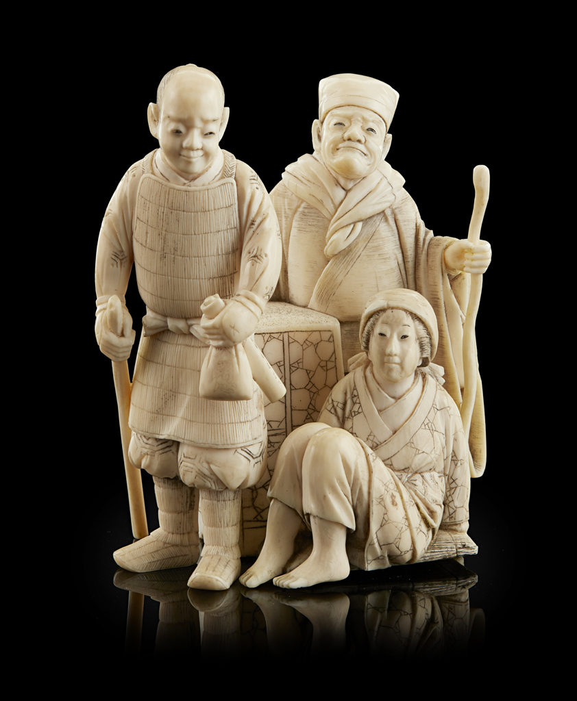 Appraisal: YCARVED IVORY OKIMONO OF A FIGURAL GROUP SIGNED MORI HISASHI