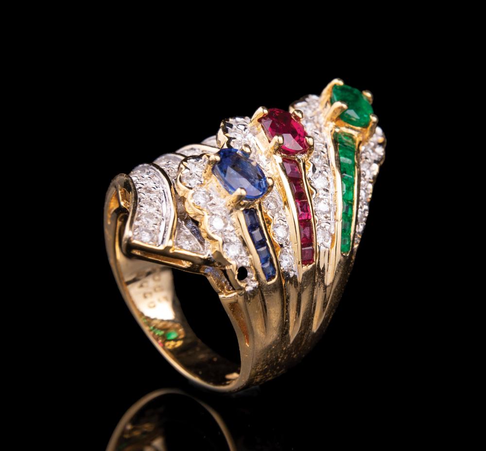 Appraisal: kt Yellow Gold Ruby Sapphire Emerald and Diamond Cocktail Ring