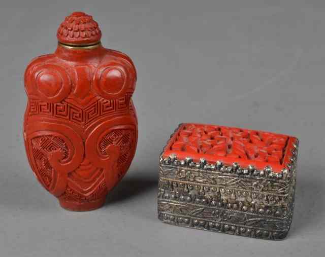 Appraisal: Chinese Carved Cinnabar Snuff Bottle And BoxBottle finely carved with