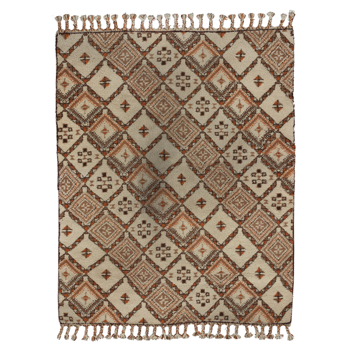 Appraisal: Moroccan rug s wool cream field with geometric tonal decorations