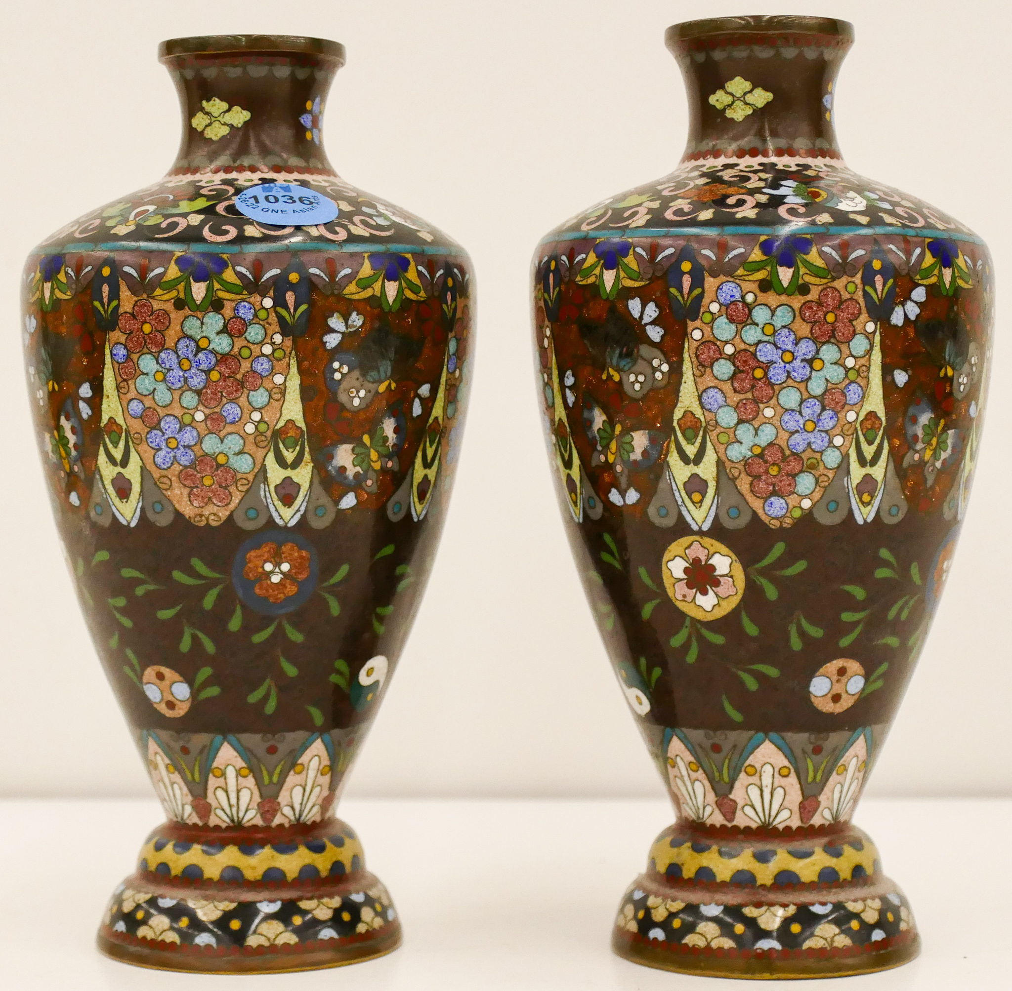 Appraisal: Pair Meiji Japanese Cloisonne Floral Ginbari Vases ''