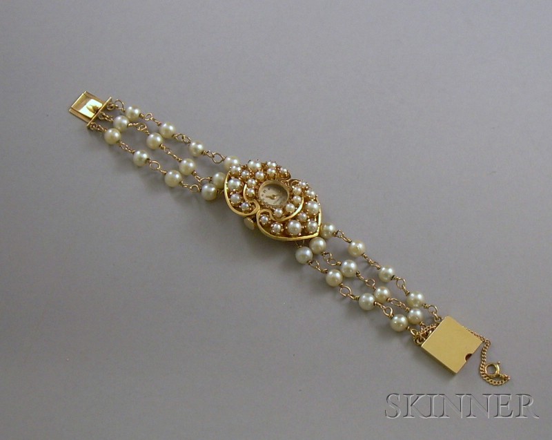 Appraisal: kt Gold and Pearl Lady's Bracelet Wristwatch S J Brozen