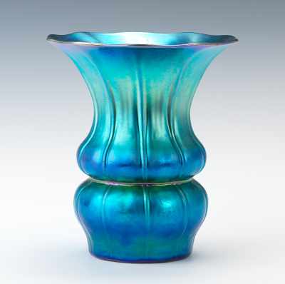 Appraisal: Steuben Blue Aurene Glass Vase Signed Steuben piece double lobed