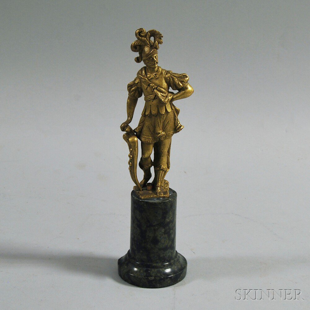 Appraisal: Italian Gilt-bronze Statue on Green Stone Pedestal depicting a gentleman