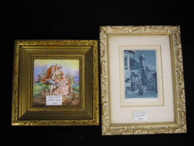 Appraisal: Framed Items courting scene on porcelain and a framed print