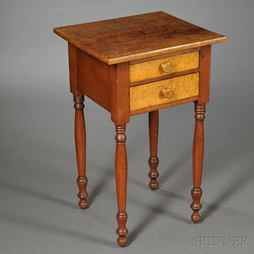 Appraisal: Tiger Maple and Cherry Two-drawer Stand probably Pennsylvania c a