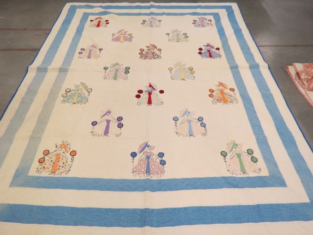 Appraisal: Antique Handmade Quilt girls with parasols and flowers blue trim