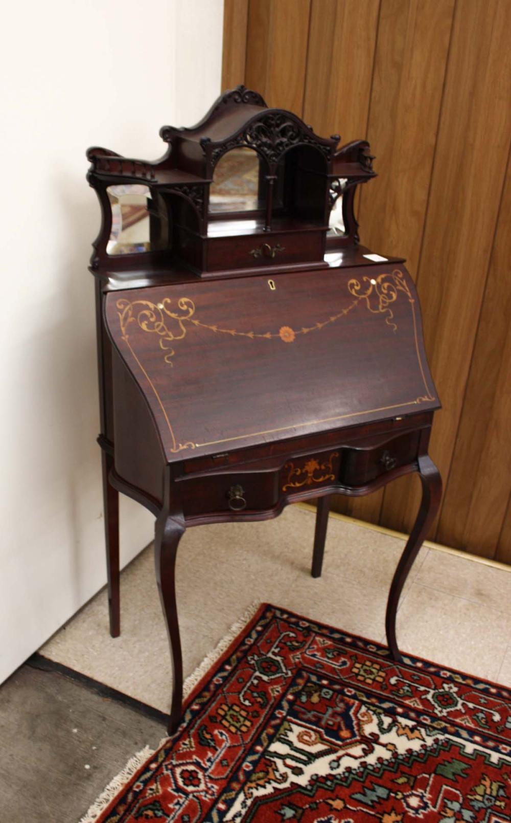 Appraisal: LOUIS XV STYLE INLAID MAHOGANY SLANT-FRONT LADY'S DESK American c