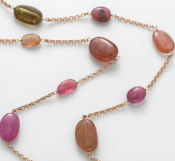 Appraisal: A multi-color tourmaline and k rose gold necklace length in