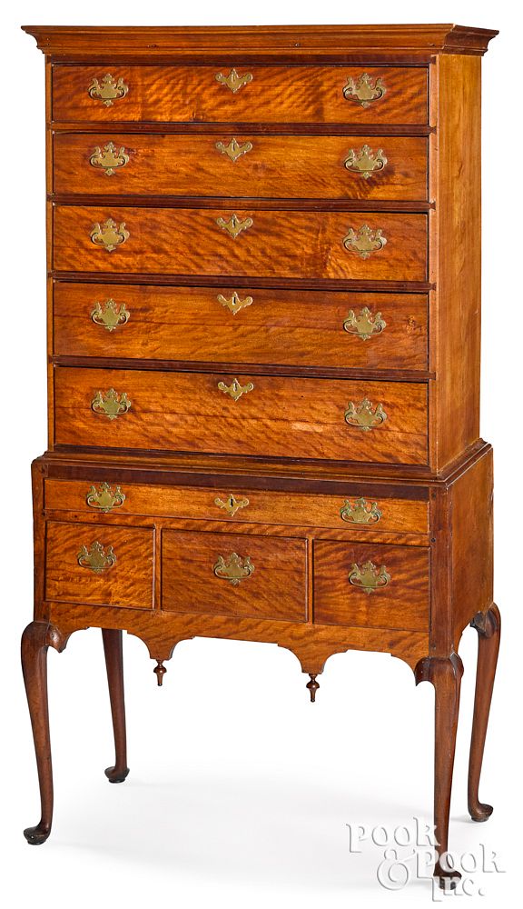 Appraisal: New England Queen Anne flame birch high chest New England