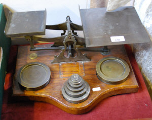 Appraisal: Brass set of postal scales with weights on oak plinth