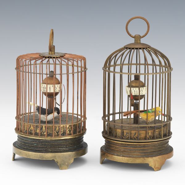 Appraisal: TWO BRASS BIRD AUTOMATON TABLE CLOCKS x each Two brass