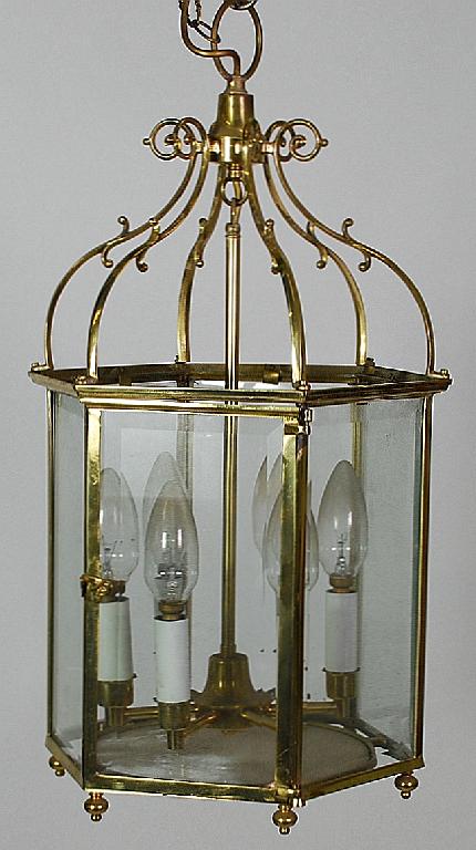 Appraisal: REPRODUCTION BRASS HEXAGONAL SIX LIGHT ELECTRIC HALL LANTERN with scroll