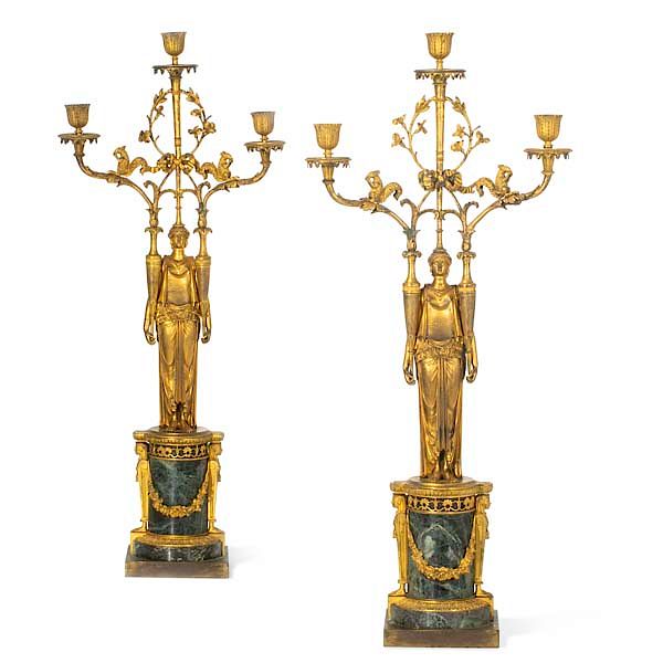 Appraisal: Pair of Swedish Empire bronze marble candelabra A pair of