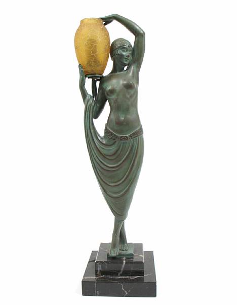 Appraisal: An Art Deco style patinated-bronze figural lamp impressed FAYRAL height