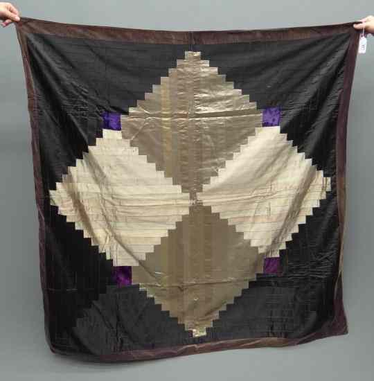 Appraisal: C 's silk velvet log cabin quilt '' x ''