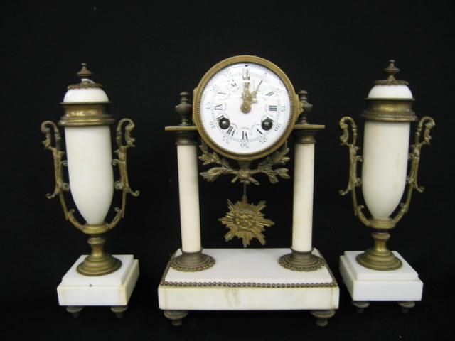 Appraisal: French Victorian pc Clock Garniture Set bronze white marble fancy