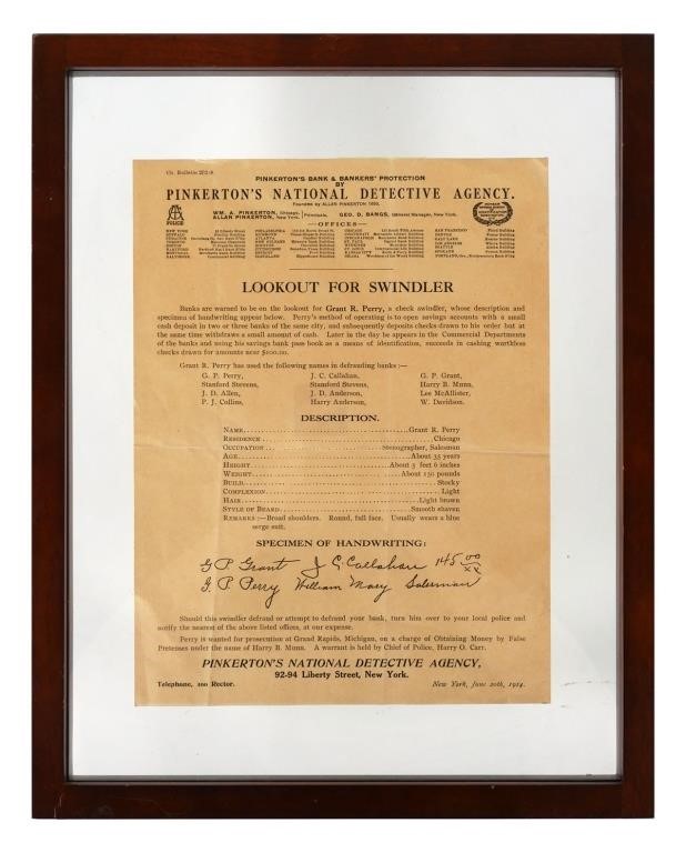 Appraisal: Original Pinkerton's National Detective Agency wanted poster -- about -