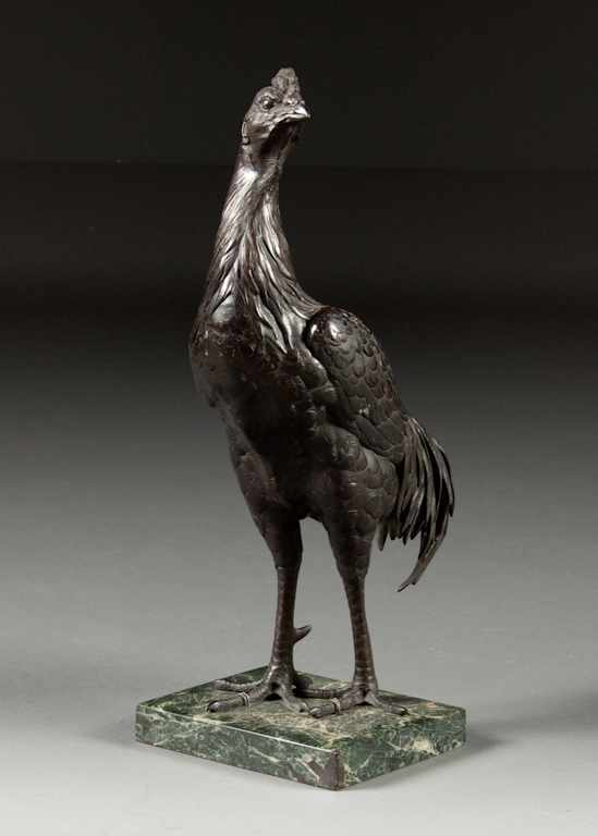 Appraisal: Japanese patinated bronze rooster mounted on green marble base signed