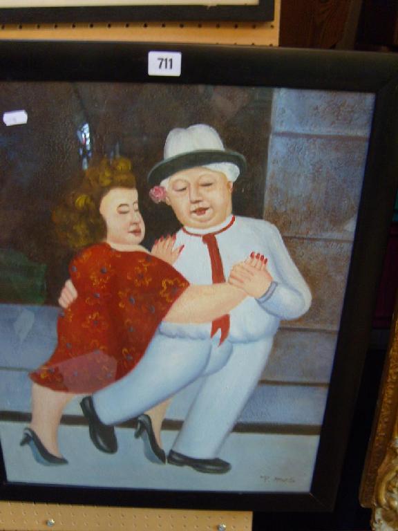 Appraisal: An oil painting on board of a portly couple dancing