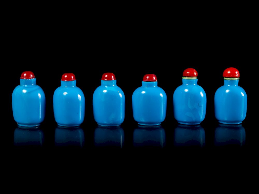 Appraisal: Six Chinese Blue Glass Snuff Bottles Tallest height in cm